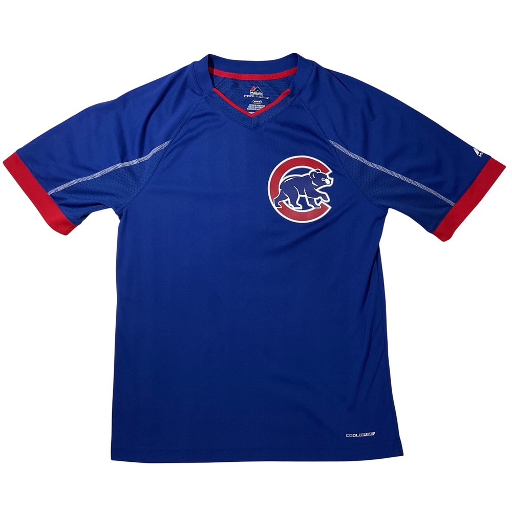 Majestic Cool Base Chicago Cubs Blue Red V-Neck Jersey Shirt Mens Medium Logo